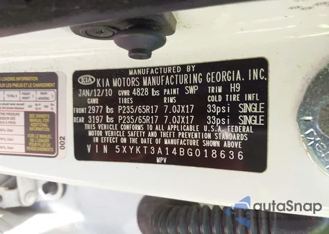 2011 Kia Sorento из США, поврежденный, VIN 5XYKT3A14BG018636